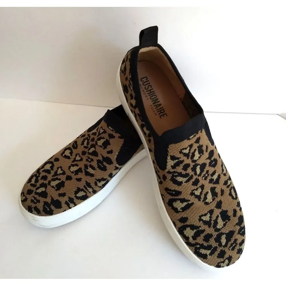 Cushionaire Leopard Print Slip On‎ Knit Sneakers Rory Women's 8M Heel Tab